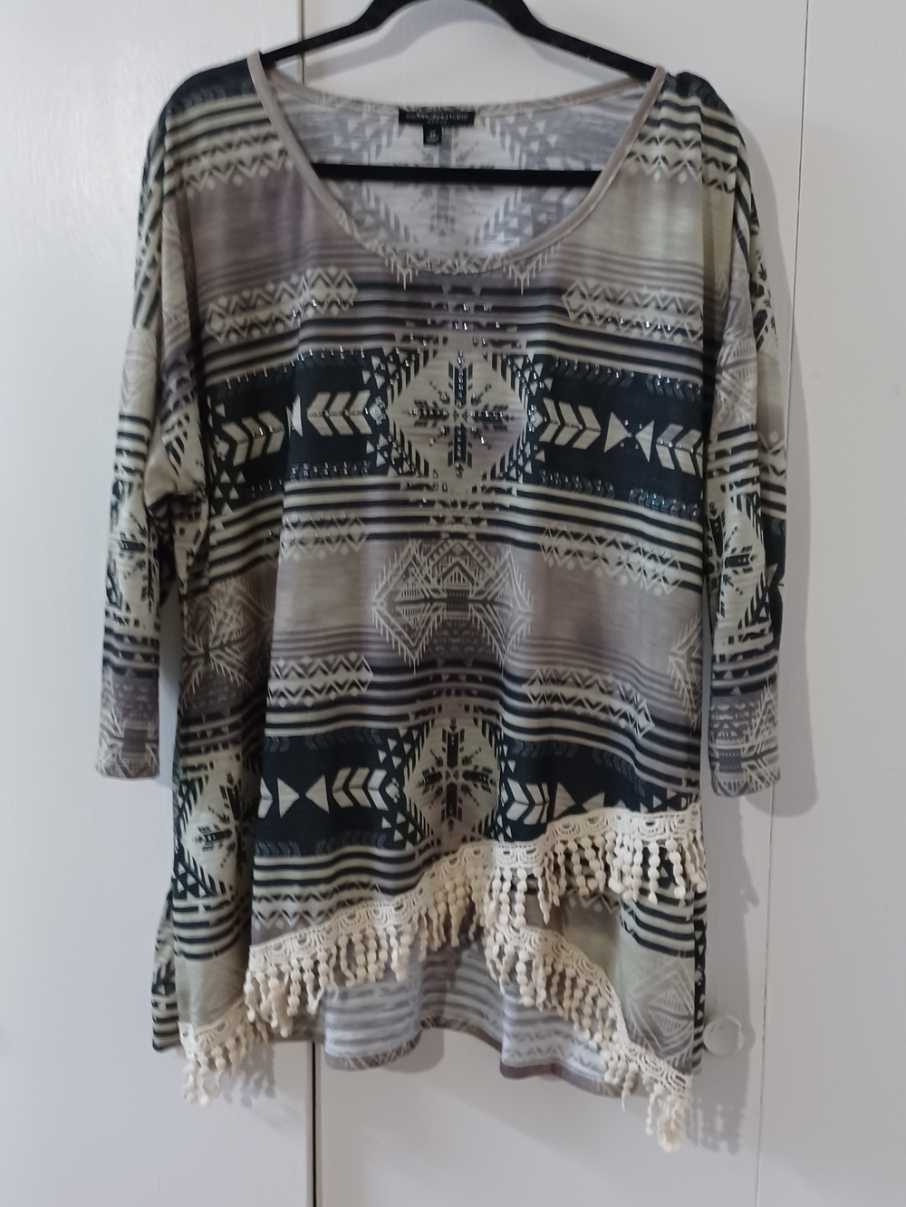 Signature Studio Neutral Aztec Fringe Tunic - Beige & Black